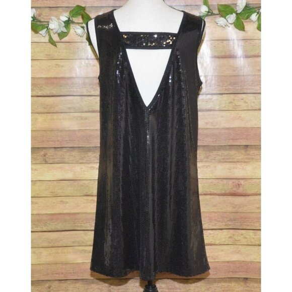 Olsenboye Black Sleeveless Sequins Party Cocktail Dress Size L Deep V Back LBD - Picture 6 of 10